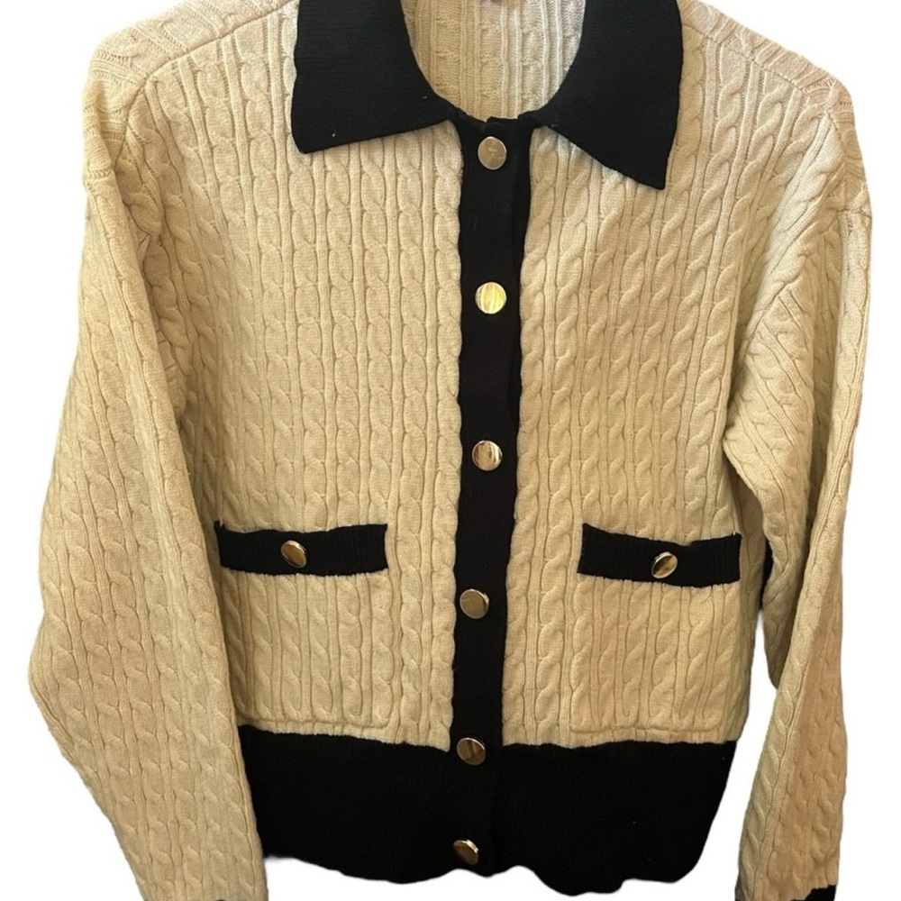 Marled Cozy Cable-Knit Sweater Cream/Tan & Black Collared Contrast Size M Preppy - Picture 2 of 7